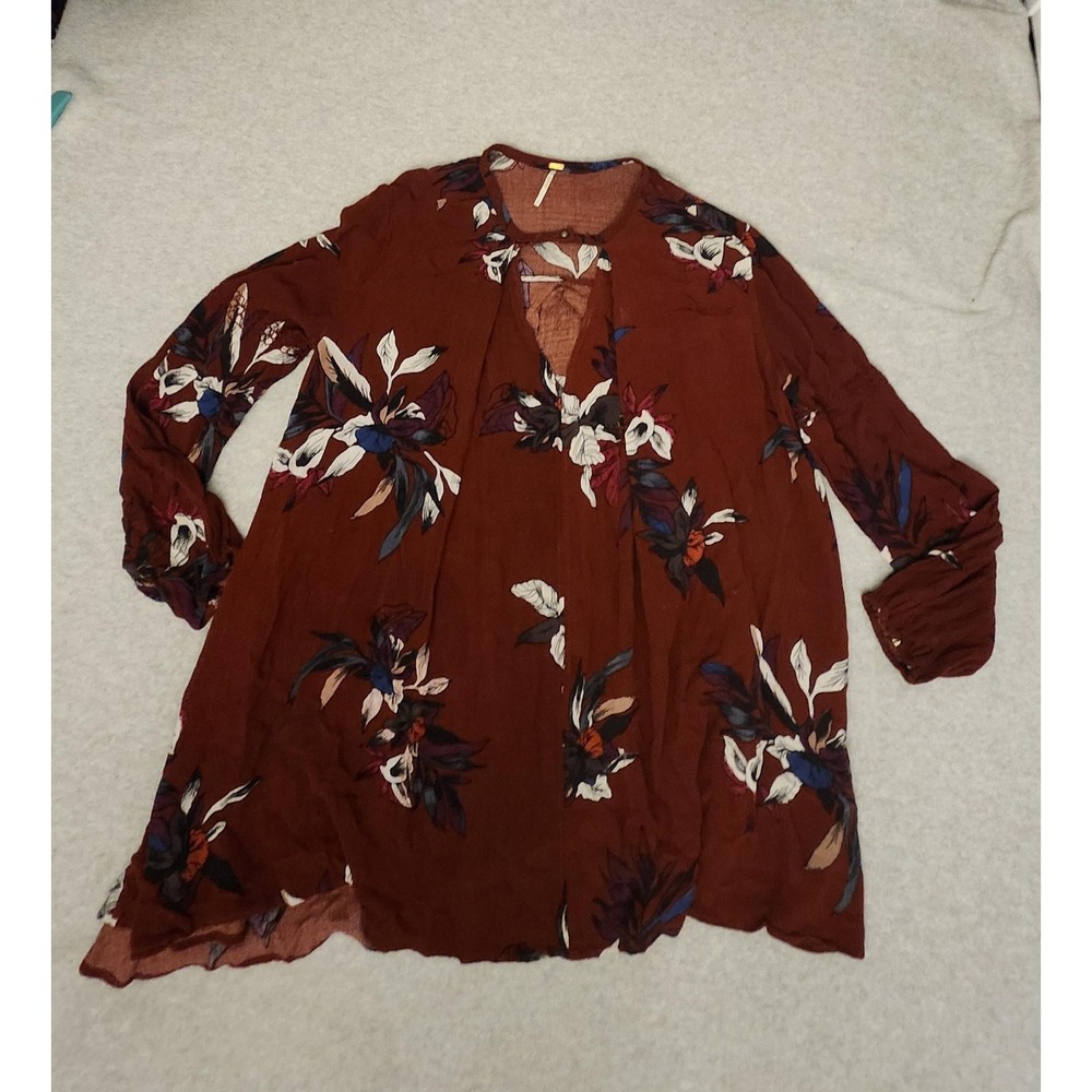 Free People Shirt Womens Small Rust Brown Floral Boho Peasant Tunic Long Sleeve